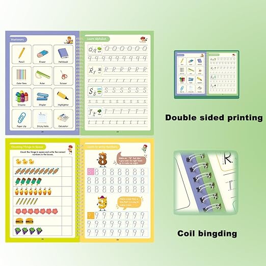 Large Magic Grooved Handwriting Book Practice,Handwriting Practice Copybook,Reusable Practice Book for Preschool Age 3-8 Back to School Supplies(4 Large Books with Magic Pens)