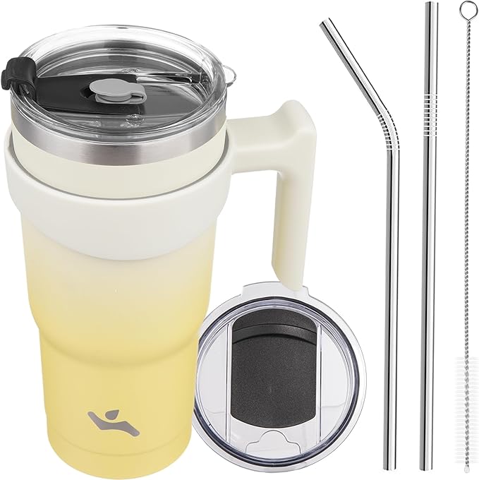 Konokyo 20 oz Tumbler with Handle and 2 Straw 2 Lid, Insulated Water Bottle Stainless Steel Vacuum Cup Reusable Travel Mug,Lemon