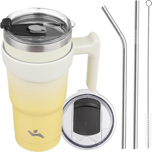 Konokyo 20 oz Tumbler with Handle and 2 Straw 2 Lid, Insulated Water Bottle Stainless Steel Vacuum Cup Reusable Travel Mug,Lemon