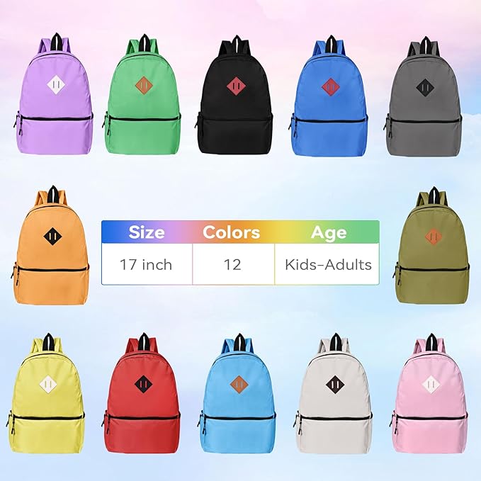 12 Pack Backpacks in Bulk,17-inch Lightweight Bookbags for Elementary,Middle,and High School Students,Bulk Backpacks for Kids,Boys,Girls,Classroom,Travel,Gym Supplies,Assorted 12 Colors