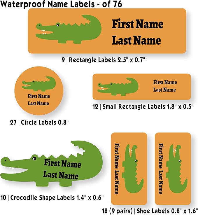Personalized Kids Name Labels – Waterproof Custom Stickers for Daycare & School, Dishwasher & Laundry Safe (Crocodile - Orange)