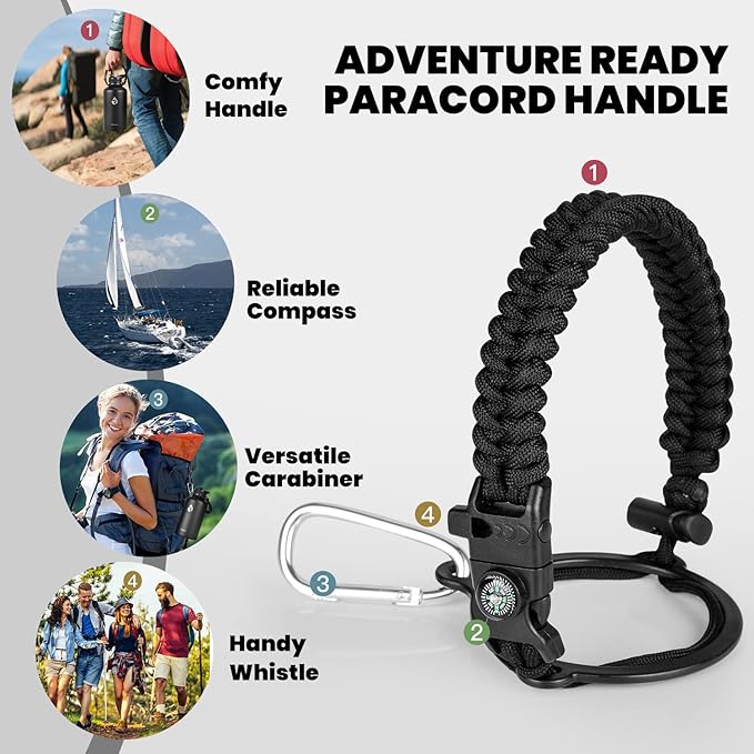RAYMYLO Insulated Water Bottle 64 oz, Triple Wall Vacuum Stainless Steel (Cold for 48 Hrs), Leak Proof & Non-BPA, Half Gallon Water Flask Jug with Paracord Handle & Straw Spout Lids, Magic Black