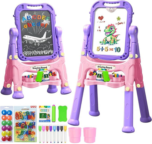 Art Easel for Kids Double Sided Magnetic Drawing Board with Letters & Numbers, Adjustable Standing Easel for Toddlers, Creative Play & Learning Toys for Girls - Purple