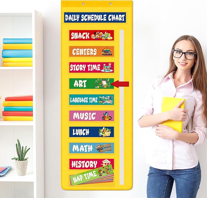 51 Inch Daily Visual Schedule Pocket Chart Classroom Schedule Calendar Pocket Chart with 36 Colorful Visual Cards Move Arrow Teacher Management Tools Supplies for School Daycare Home Preschool Decor