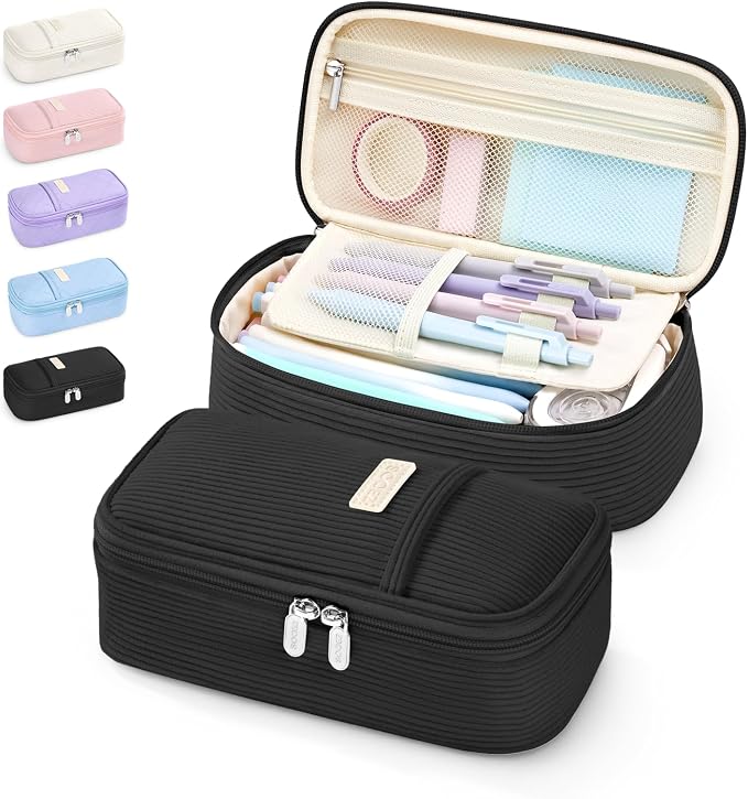Sooez Cute Pencil Case, Soft Corduroy Pencil Pouch, Large Pen Pencil Bag | Zipper Pen Case, Aesthetic Pen Pouch, Colored Stationery Storage & Organizer, College School Supplies for Teen Girl, Black
