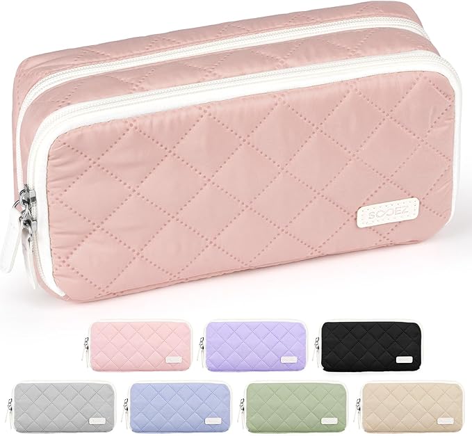 Sooez Large Pencil Case Pouch, Extra Big Pencil Bag with 8 Compartments, Pen Bag Wide Opening, Soft Quilted Pencil Pouch Organizer with Zipper, Portable Pencil Case for Teen Girls, Rose Pink