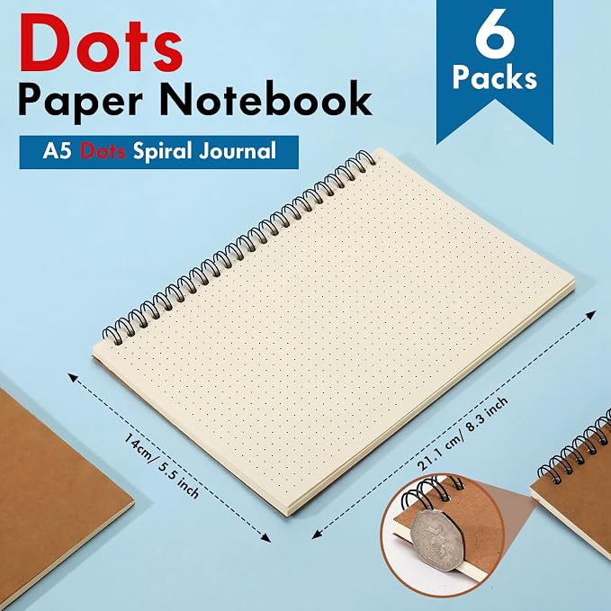 Epakh 6 Pack Spiral Notebooks A5 Bulk Back to School Hardcover Spiral Journal Notebook 5.5 x 8.3 Inch, First Day of School Journal Paper Notebook for Writing, 50 Sheets 100 Page (Dotted,Brown)
