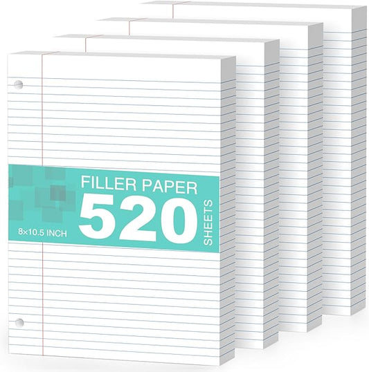 4-Pack White Loose Leaf Paper 520 Sheets Filler Paper 8 * 10.5 College Ruled 3-Hole Punched for 3-Ring Binders Notebook Lined 8" x 10.5"