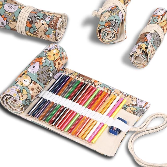 DIYOMR 12/24/36/72 Slots Pencil Wrap Pencil Rolls, Artist Colored Pencil Roll Up Bag Short Brush Pouch Case Pencils Organizer for Drawing Coloring and Sketching, No Pencils (Cuddly Cat, 12slots)