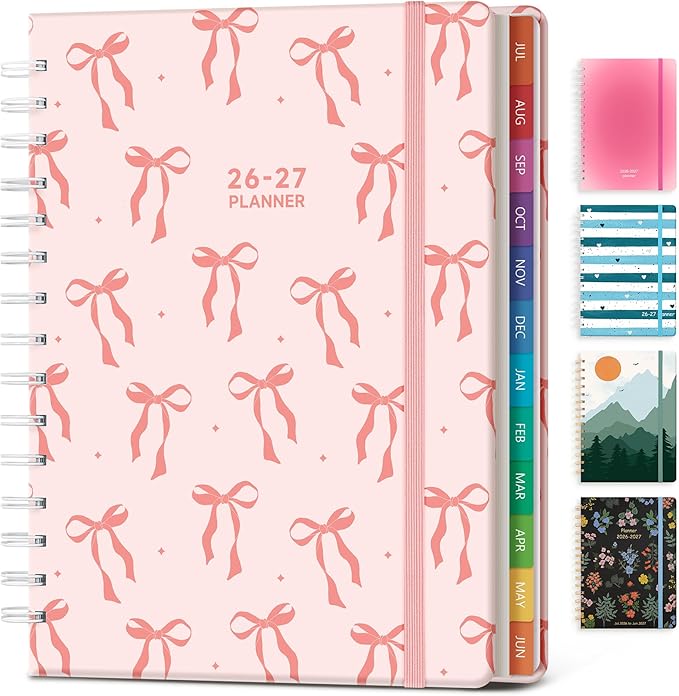 Planner 2026-2027 Monthly and Weekly Academic Planner July 2026 - June 2027, Hardcover Calendar 2026-2027 Agenda Daily Planner for Student Teacher School Office Supplies, 6" x 8.3", Pink Bow