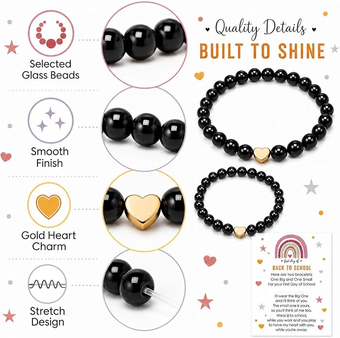 Back to School Bracelets Heart Matching Mommy and Me Elastic Wish Strings Bead Bracelets First Day of School Supplies Gifts