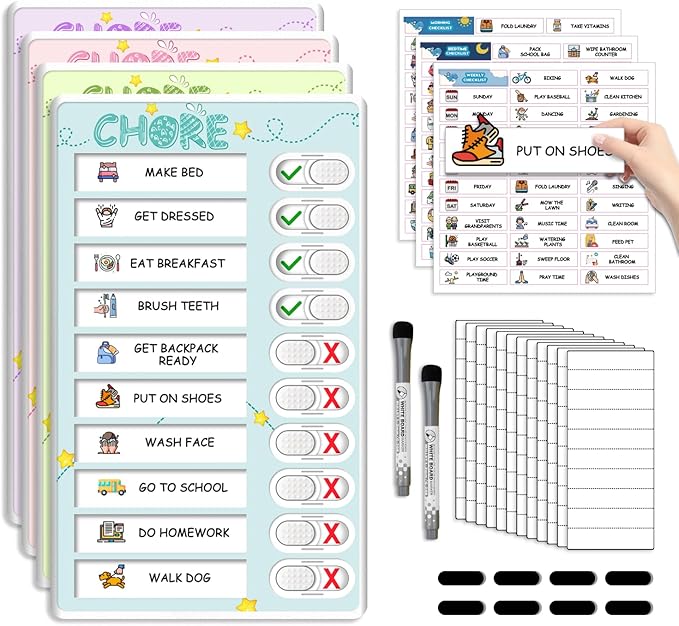 Dry Erase 4 in 1 Chore Chart for Multiple Kids - Magnetic Routine Chart with Slider Cute Chore Stickers, Visual Schedule for Kid with Autism to Do List Checklist for Kids