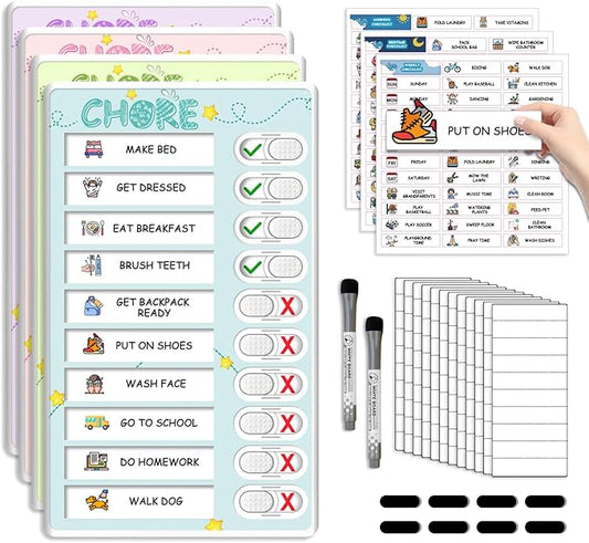 Dry Erase 4 in 1 Chore Chart for Multiple Kids - Magnetic Routine Chart with Slider Cute Chore Stickers, Visual Schedule for Kid with Autism to Do List Checklist for Kids