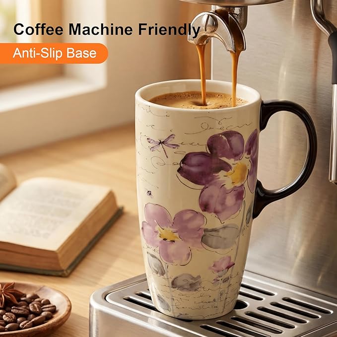 Topadorn Tall Ceramic Travel Mug 17 oz. Coffee Cups Sealed Lid With Color Box (Purple Flower)
