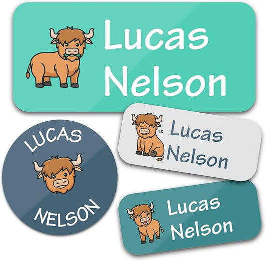 Bunny Badges Personalized Daycare Name Labels for Kids (130 Labels) - Custom Waterproof Name Stickers for Clothing Tags, Water Bottles, Lunch Boxes and School Supplies (Highland Cows)