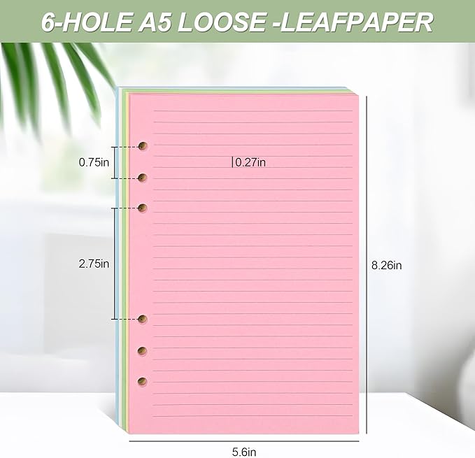 A5 Horizontal Line Loose-leaf Paper, College Scratch 5-Color Filler Paper 6-Hole Notebook 8.26x5.6 inches,50 Sheets/100 Pages (5-Color Lined-50 Sheets, A5)