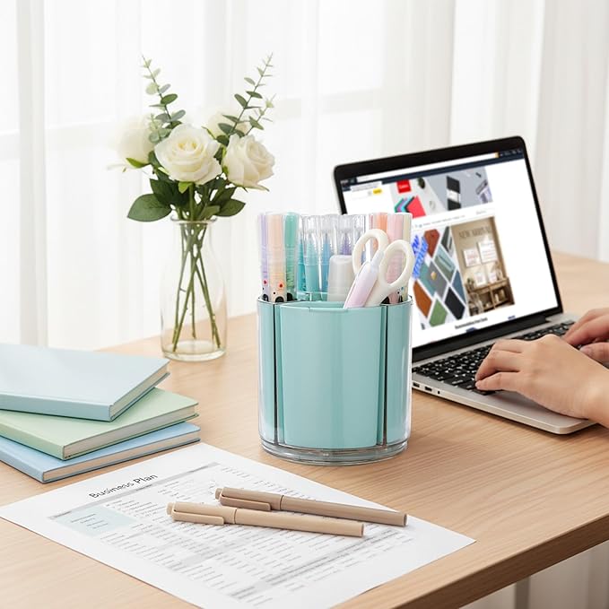 Comix 360° Rotating Pen Holder for Desk, Cute Pencil Holder Pen Organizer, Green Acrylic Pencil Cup Caddy with 5 Slots for Home School Office Supplies