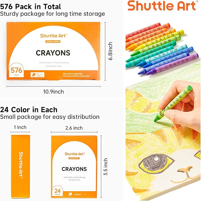 Shuttle Art Crayons Bulk Set - 24 Boxes of 24 Assorted Colors, 576 Count Durable & Non-Toxic Teacher-Quality Crayons, School Supplies bulk For Family Class Party Favors