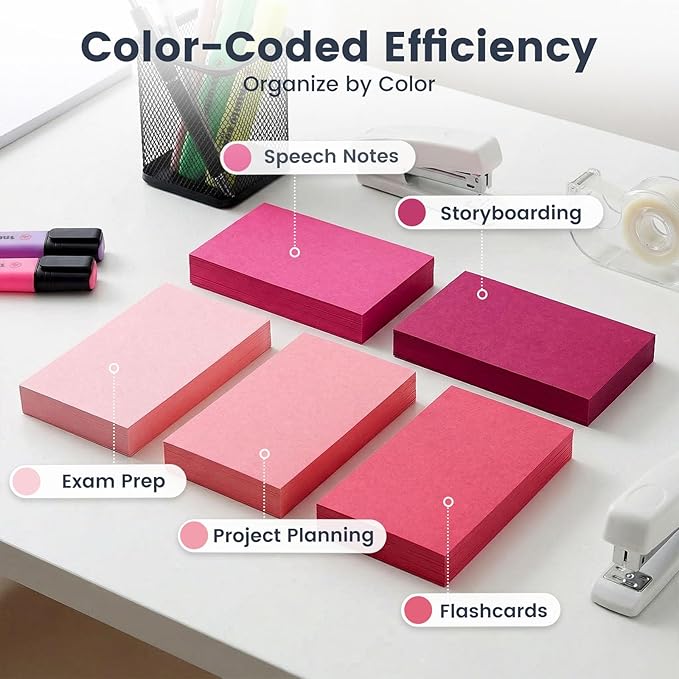 300 Count Index Cards 3 x 5 Inch, Pink Flash Cards for Studying, Cute Notecards for Home, Office, Recipe, School, College Supplies, To Do List, 5 Pink Colors
