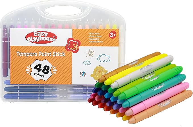 Easy Playhouse: Tempera Paint Sticks - 48pk, Vibrant Color Set, Non-Toxic, No Mess, Washable, Water Soluble, Quick Drying, Art-Craft Supplies, Kids 3+