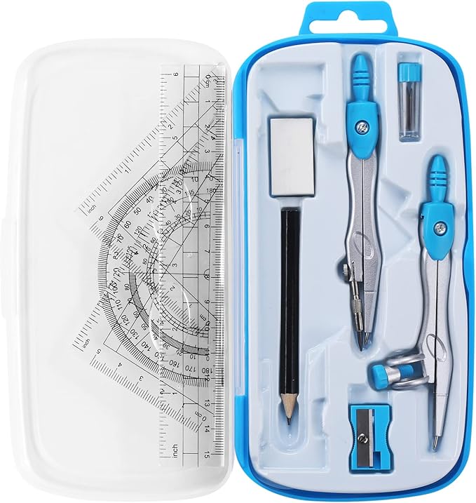 Unjoo Math Geometry Kit Sets 10 Piece Student Supplies with Shatterproof Storage Box,Includes Rulers,Protractor,Compass,Eraser,Pencil Sharpener,Lead Refills,Pencil,for Drafting and Drawings（Blue）