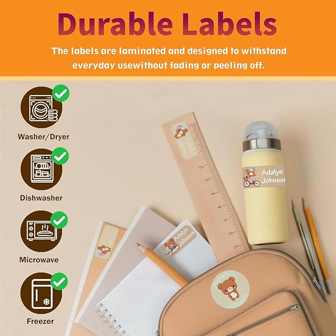 Custom Personalized Name Labels for Kids-(200-1000Labels) Waterproof Name Stickers Tags for School&Daycare,Clothing Tags,Washable&Durable Labels for Lunch Boxes, Bottles,Toys&GEA (Bear)