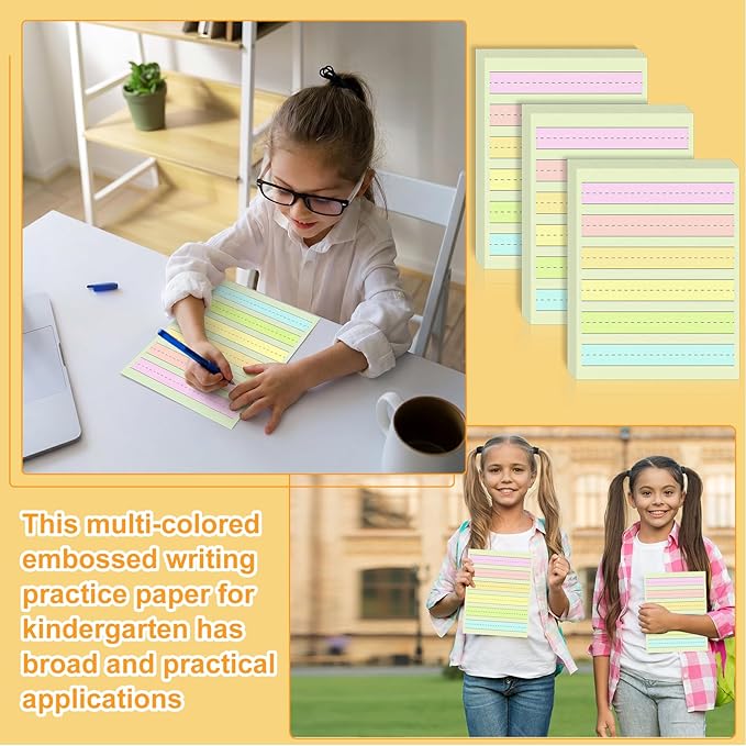 Kindergarten Writing Paper with Lines Wide Ruled Primary Writing Paper Raised Line Paper 8.5”x11” Spacing Colored Tactile Paper for Kids Multi-Sensory Ruled Handwriting Tablet (200)