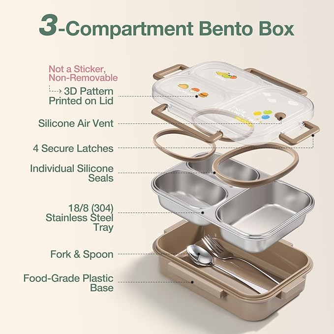 NUKied Stainless Steel Lunch Box for Kids & Adults, 3-Compartment Leak Proof Metal Bento Lunch Box with Fork & Spoon, 26.4 oz Airtight Food Storage Snack Container for School, Work, Travel (Brown)