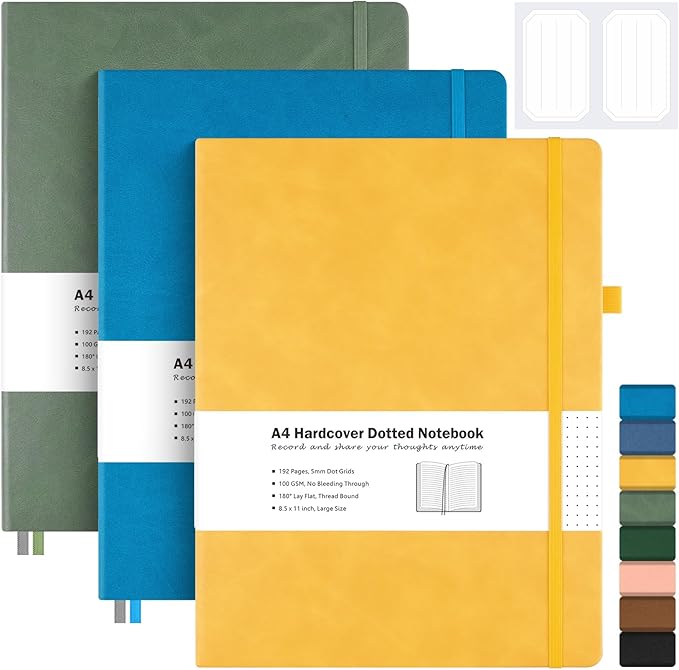 3 Pack Dotted Journal, Hardcover Notebook 8.5 x 11, Dot Grid Notebook Journal for Women, Men, Large Leather Journals for Writing, Bullet, No Bleed Thick Paper, A4 Notebooks for Work, School, Notes
