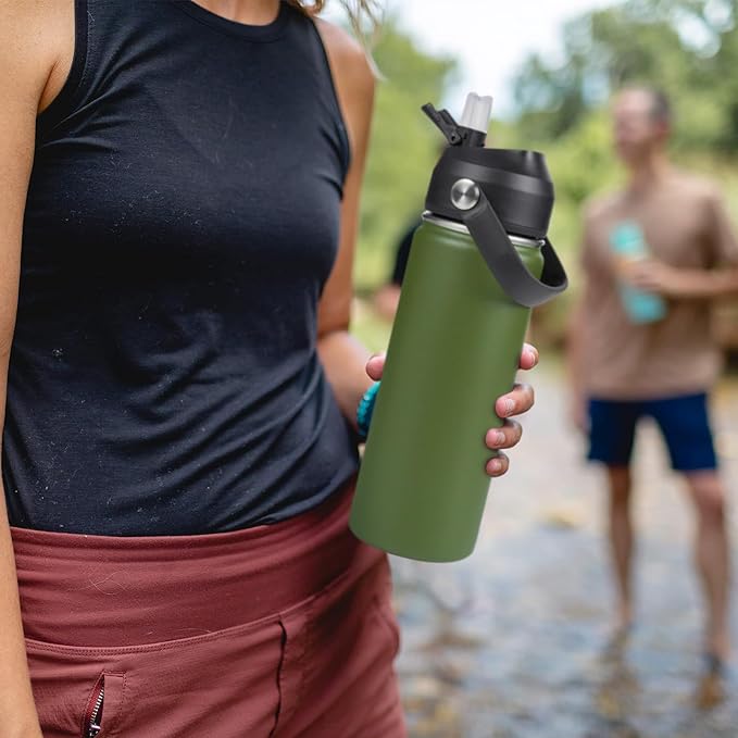 Fijinhom 24oz Insulated Stainless Steel Water Bottle, Wide Mouth Double Wall Vacuum, Silicone Straw, Sweat & Leak Proof, BPA Free Insulated Water Flask for Travel, Keep Cold 24h Hot 12h, Green