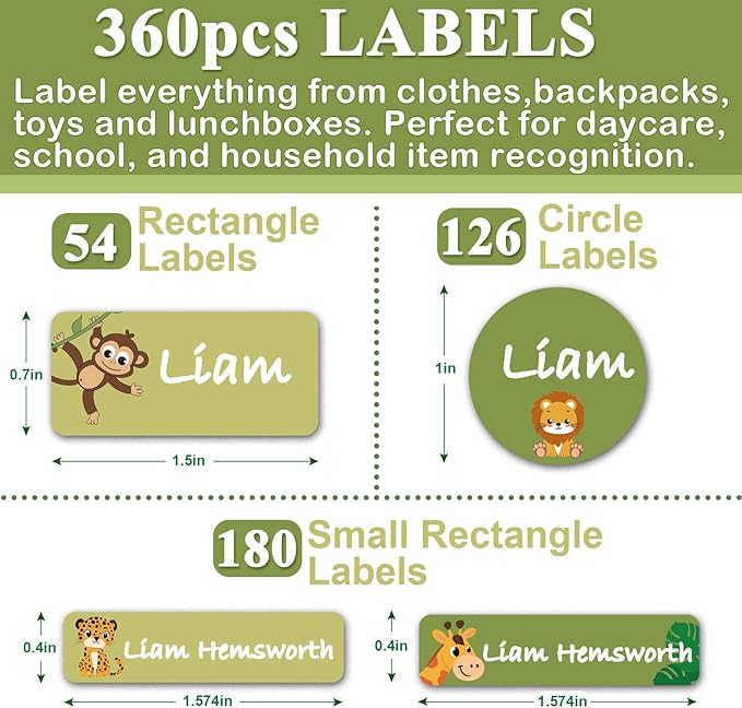 Daycare Name Labels for Kids, 360pcs Waterproof & Removable Name Stickers for Water Bottles, Lunch Boxes and School Daycare Name Tag (Animal)