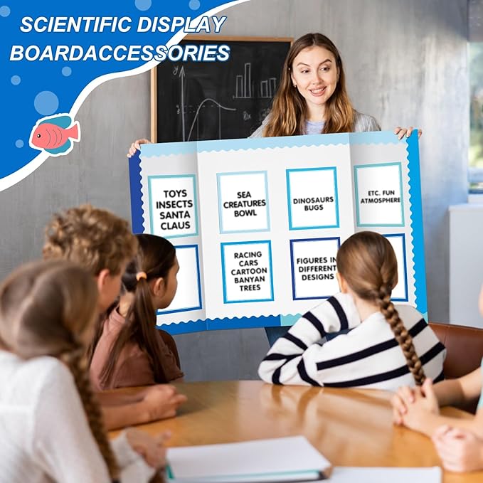 90 Pcs Science Fair Board Supplies Include 72 Trim Scalloped Bulletin Borders 18 Presentation Board Subtitles for Classroom Office Display (Ocean)