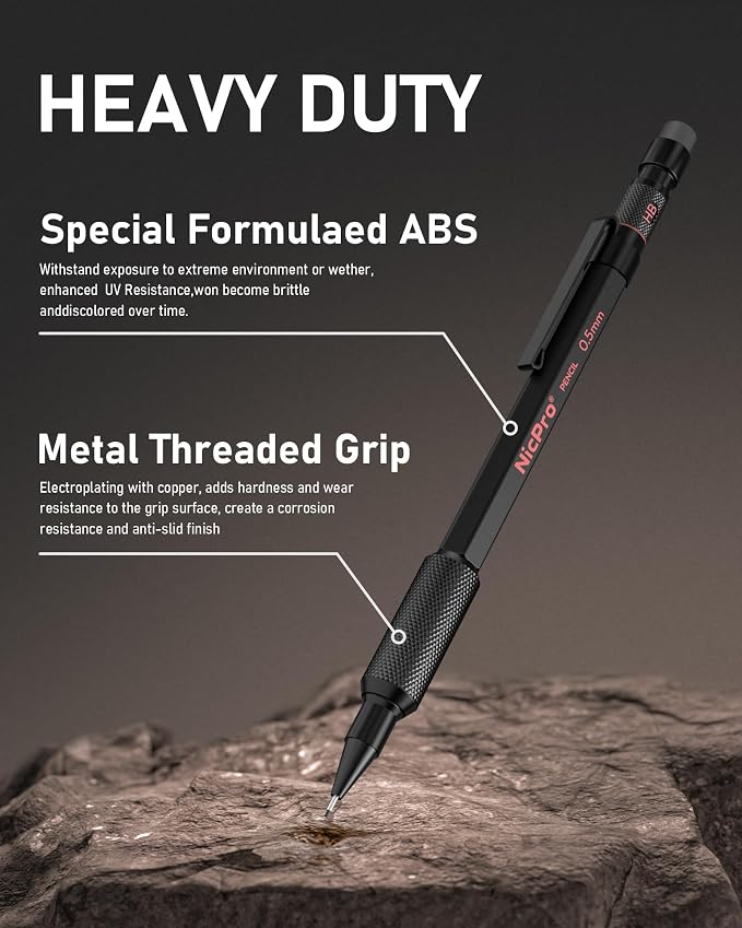 Nicpro 0.5 mm Mechanical Pencil Set with Case, 3PCS Metal Pencils | MP2000 Heavy Duty Lead Pencil + 6 Tube HB Lead Refill, Eraser, Weatherproof Metal Barrel for Outdoor Writing Drafting Drawing