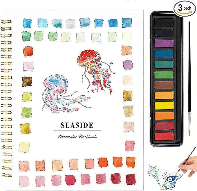 Watercolor Workbook for Beginners - Complete Watercolor Painting Kit with 12 Color Paint Set & Brush | Step-by-Step Art Book for Adults, Hobby Gift for Friends