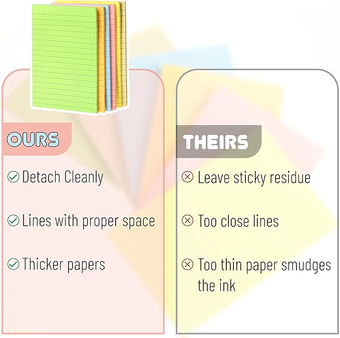 Mr. Pen- Lined Sticky Notes, 4" x 6", 6 Pads, 45 Sheets/Pad, Pastel Color, Sticky Notes with Lines, Ruled Post Stickies, Memo Pads, Self-Stick Note Pad for Office, School, Home, Study & Organization