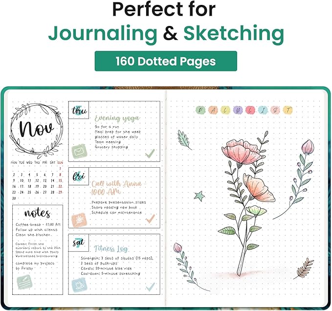 Taja Pretty Dotted Journal for Women, Aesthetic Cute Hardcover Leather Journal for Writing, A5 Journaling Notebook for Work & Sketch, Perfect for Office School Home, 160 Pages, Emerald Shores