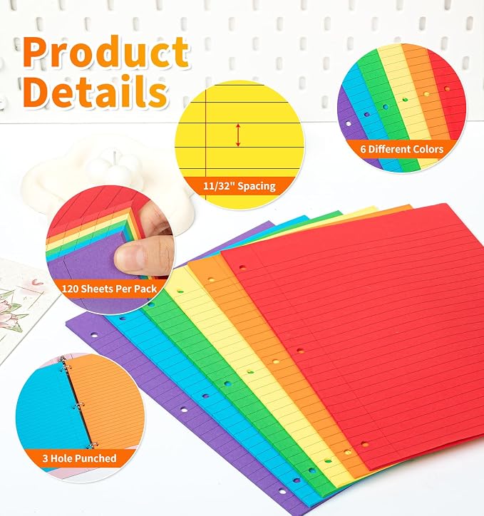120Sheets Rainbow Loose Leaf Binder Paper,8' x 10.5' Wide Ruled Lined Paper
