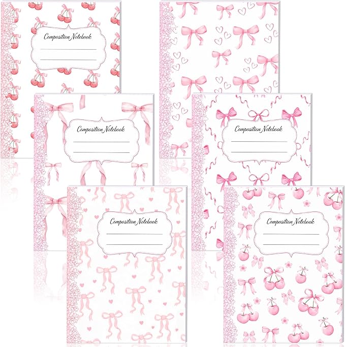Fullhawl 6 Pack Composition Notebook College Ruled Bulk Light Pink Bow Composition Notebook Preppy Aesthetic for Back to School Supplies 110 Pages 9-3/4 x 7-1/2" Journal for First Day of School Office