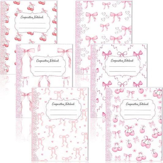 Fullhawl 6 Pack Composition Notebook College Ruled Bulk Light Pink Bow Composition Notebook Preppy Aesthetic for Back to School Supplies 110 Pages 9-3/4 x 7-1/2" Journal for First Day of School Office