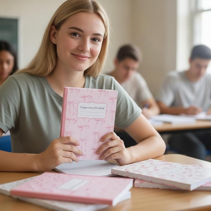 Fullhawl 6 Pack Composition Notebook College Ruled Bulk Pink Bow Composition Notebook Preppy Aesthetic for Back to School Supplies 110 Pages 9-3/4 x 7-1/2" Cute Journal for First Day of School Office