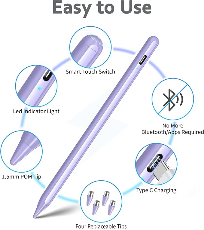 Stylus Pen for Android and i-OS, Stylists Pen for Touch Screens/i-Pad/Phones, Rechargeable Stylus Pencil for A-pple/Android/Tablet, 16.5CM, Purple