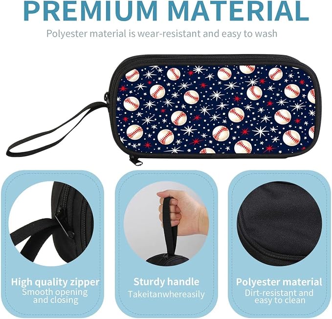 Firmiso Kids Pencil Case, Baseball Star Pattern, Large Capacity Double Zipper Pencil Pouch with Compartments, Durable Polyester School Supplies Organizer, Pen Bag for Boys Girls Students