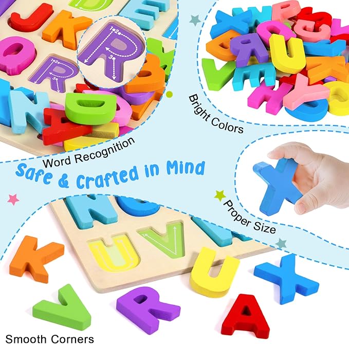 Attmu Alphabet Puzzles Wooden Puzzles for Toddlers Toy, Shape ABC Puzzle Alphabet Learning Toys Preschool Educational Toys Gift for Girls Boys