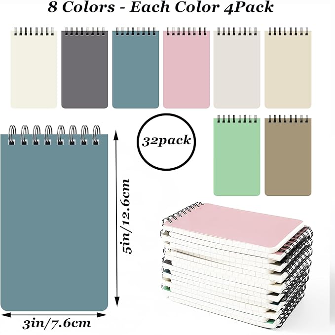 32Pack Pocket Notebook Wide Ruled 9MM , 3 x 5 Inches 60 Sheets/120 Pages Small Top Bound Steno Pads Bulk, Mini Spiral Notebooks With Lined Pages, Mini Spiral Notepads With Color Cover, Small Note Pads For Work Journal, Grocery list,Diary (32)