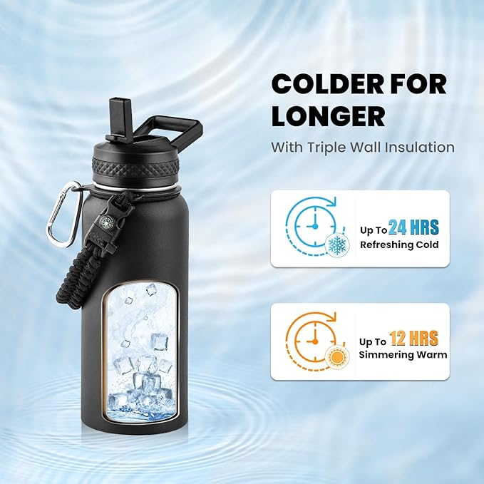 RAYMYLO Insulated Water Bottle 32 oz, Triple Wall Vacuum Stainless Steel (Cold for 24Hrs, Hot for 12Hrs), Leak Proof & Non-BPA, Modern Water Flask Jug with Paracord Handle & Straw Spout Lids