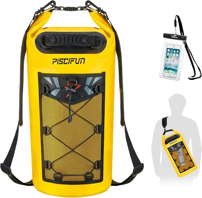 Piscifun Dry Bag, Waterproof Floating Backpack 10L/20L/30L/40L | Waterproof Phone Case, Adjustable shoulder straps, Roll-top closure keeps gear dry, Ideal for Boating, Kayaking, Fishing