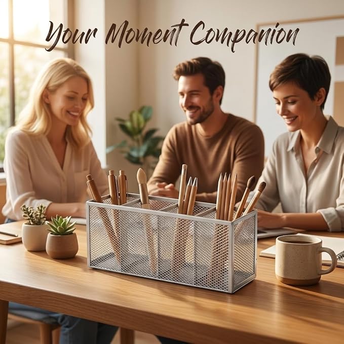 Metal Pen Holder, Pencil Holder 4 Compartments, Mesh Pen Storage Pencil Organizer Cup Makeup Brush Holder for Office Desk Accessories, Silver