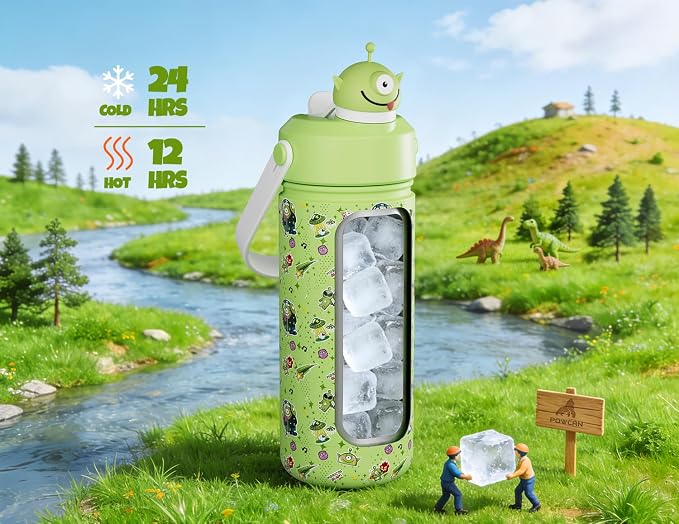 POWCAN 18 oz Insulated Water Bottle for School: 2-in-1 Straw Spout Lid with Soft Animal Head, BPA-Free, Leakproof, Keep Cold 24H, Easy Carry, Stainless Steel Cup for Boys, Girls, Kids (Alien Party)