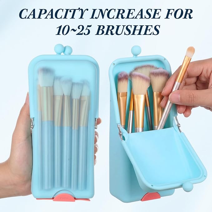 Kacctyen Makeup Brush Case Silicone Standing Makeup Brush Holder,Blue | Silicone Make up Travel Bag with Suction Portable Cosmetic Organizer Phone Stand Pouch for Travel Home Back to School Use
