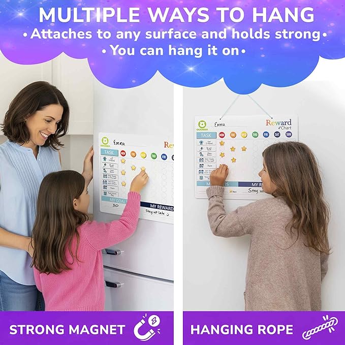QUOKKA Magnetic Chore Chart for Kids - Reward Behavior Chart for Kids at Home - Dry and Erase Routine and Responsibility Schedule Board - Sticker Toddler List with 48 Magnets & 49 Stars